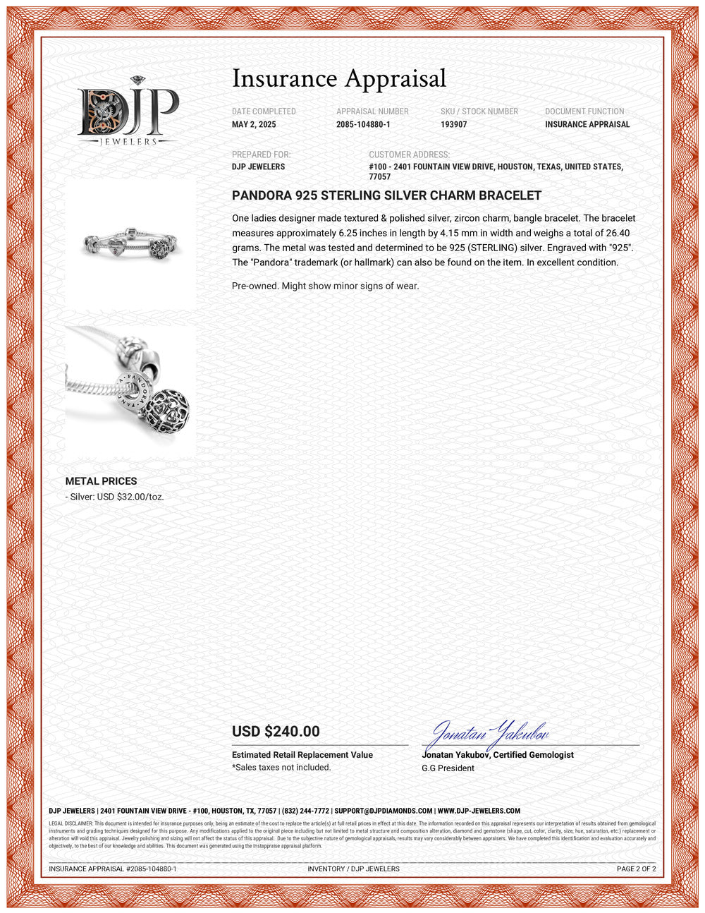 Pandora 925 Sterling Silver Charm Bracelet