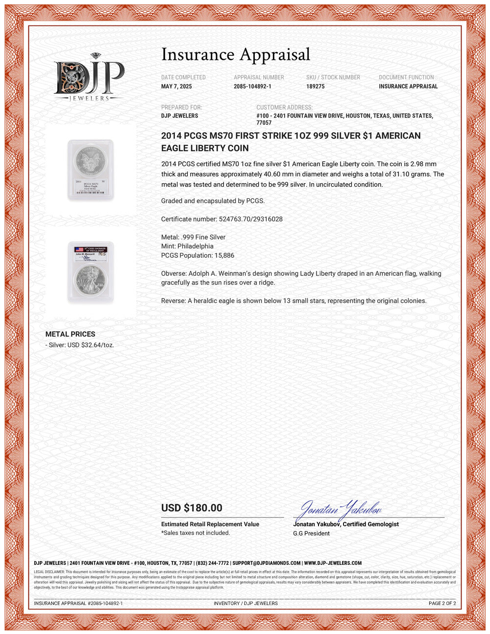 2014 PCGS MS70 First Strike 1OZ 999 Silver $1 American Eagle Liberty Coin