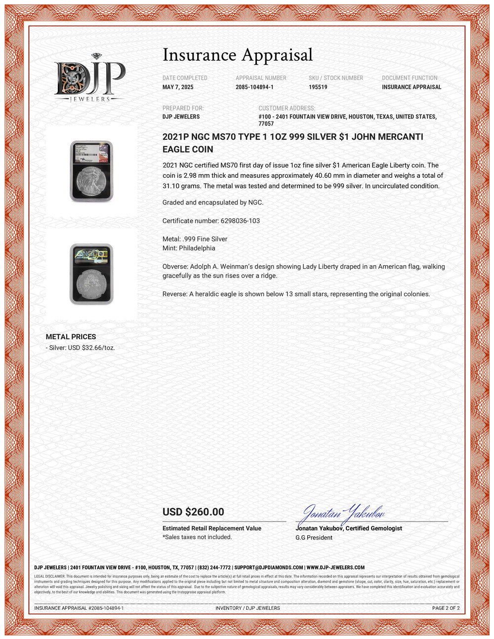 2021P NGC MS70 Type 1 1OZ 999 Silver $1 John Mercanti Eagle Coin