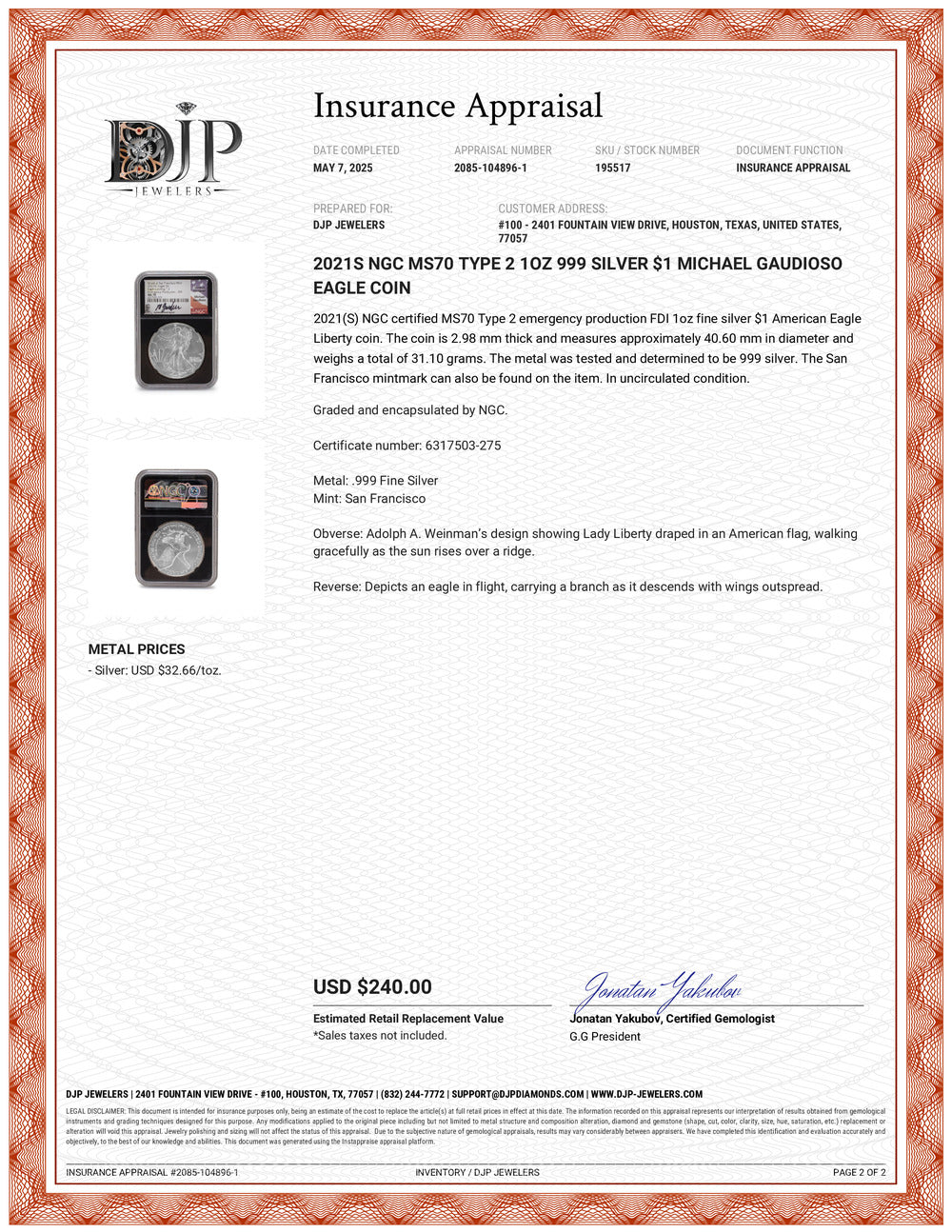 2021s NGC MS70 Type 2 1OZ 999 Silver $1 Michael Gaudioso Eagle Coin