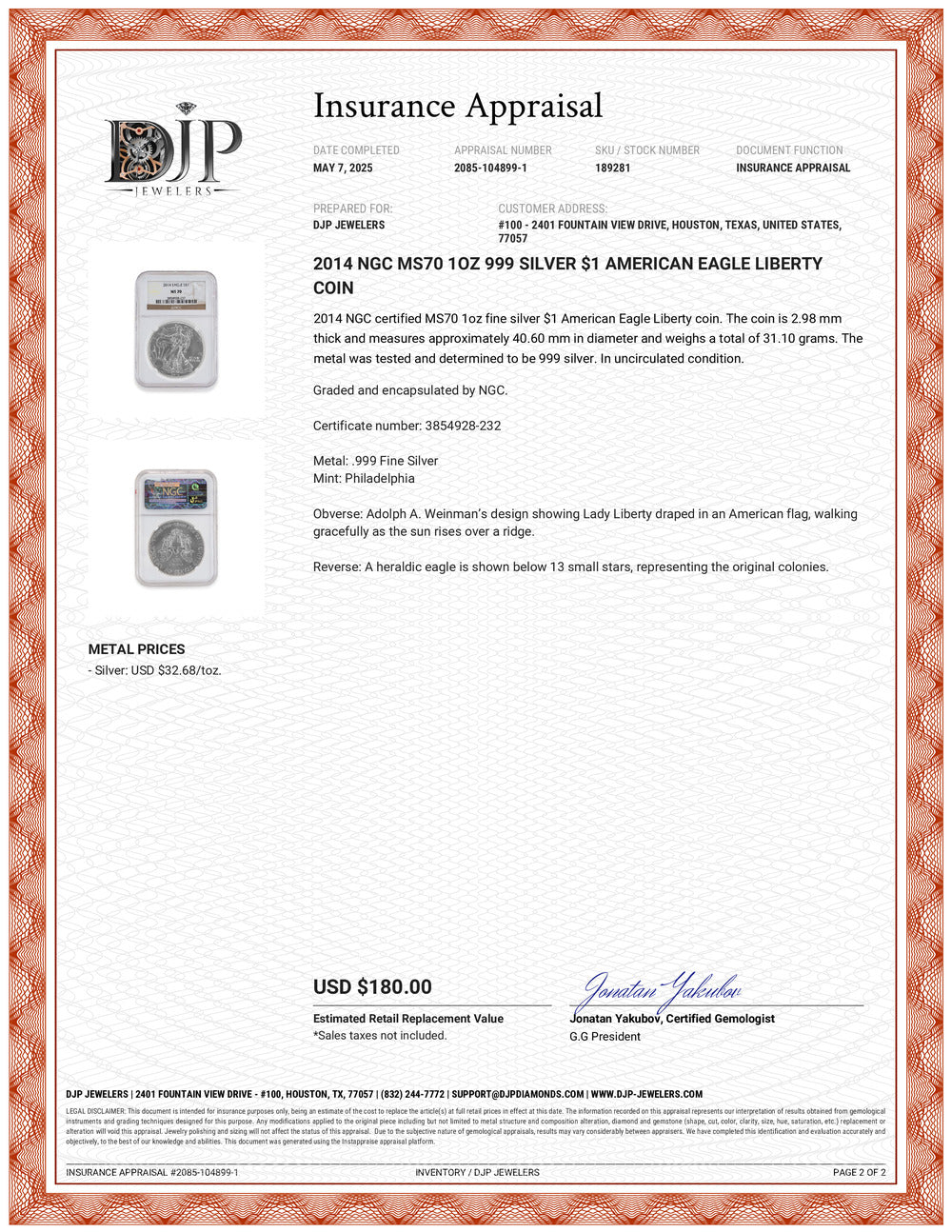 2014 NGC MS70 1OZ 999 Silver $1 American Eagle Liberty Coin