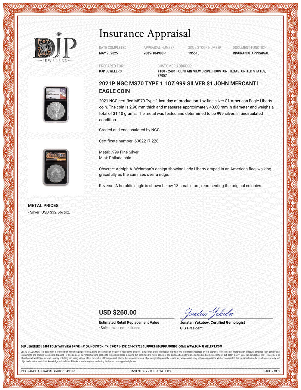 2021P NGC MS70 Type 1 1OZ 999 Silver $1 John Mercanti Eagle Coin