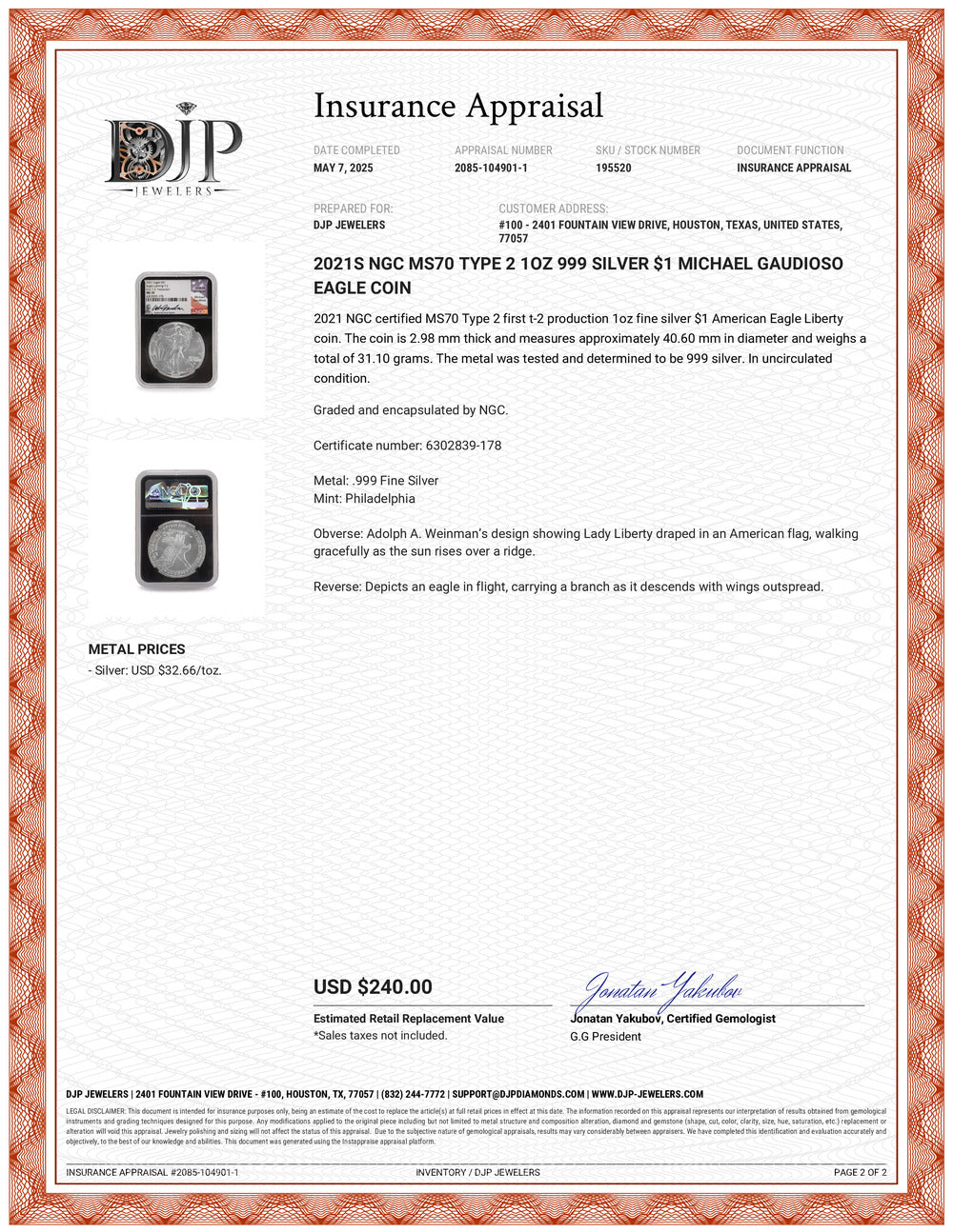 2021s NGC MS70 Type 2 1OZ 999 Silver $1 Michael Gaudioso Eagle Coin