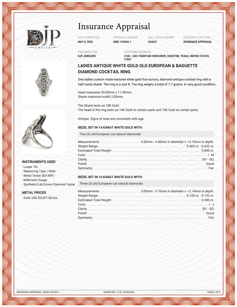 Ladies Antique White Gold Old European & Baguette Diamond Cocktail Ring