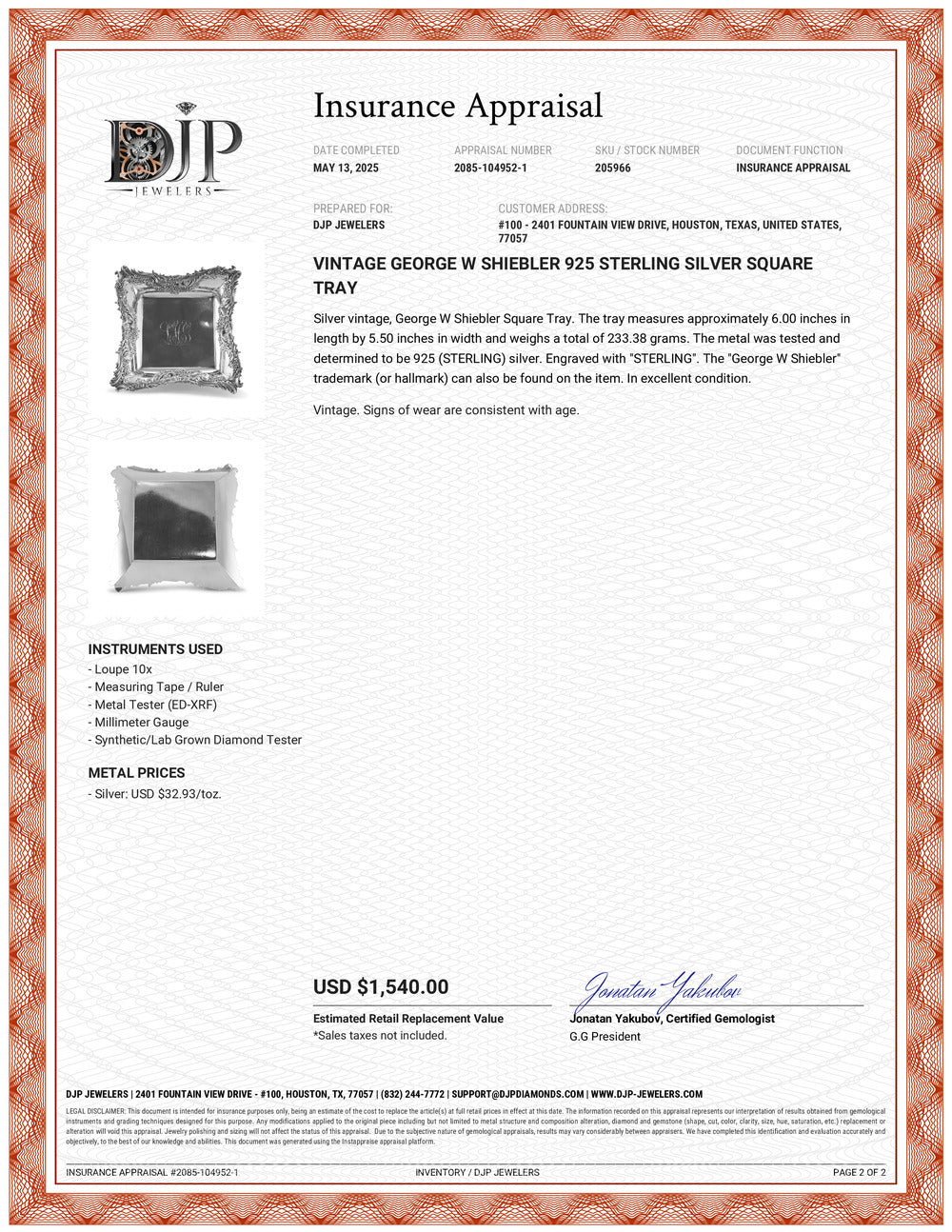 Vintage George W Shiebler 925 Sterling Silver Square Tray