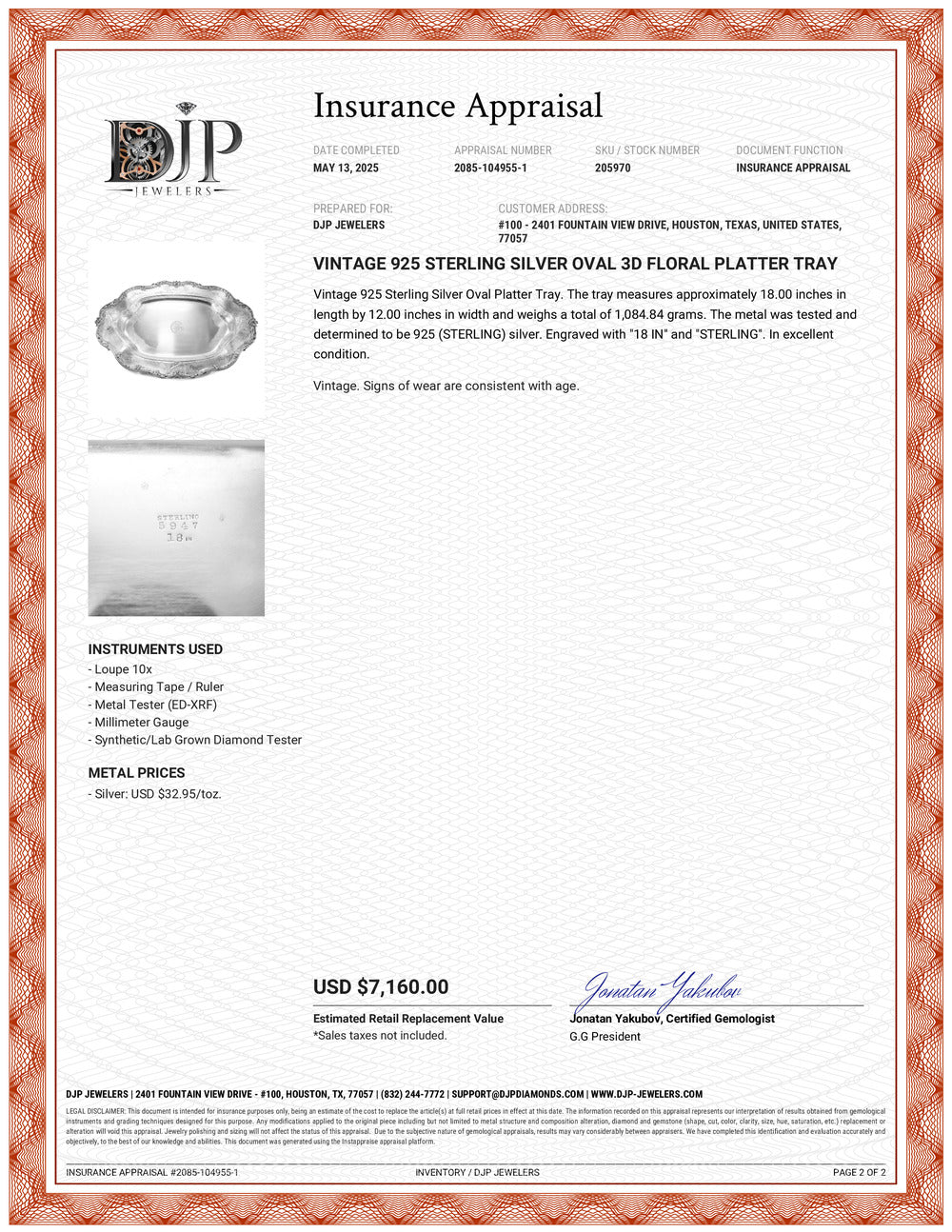 Vintage 925 Sterling Silver Oval 3D Floral Platter Tray