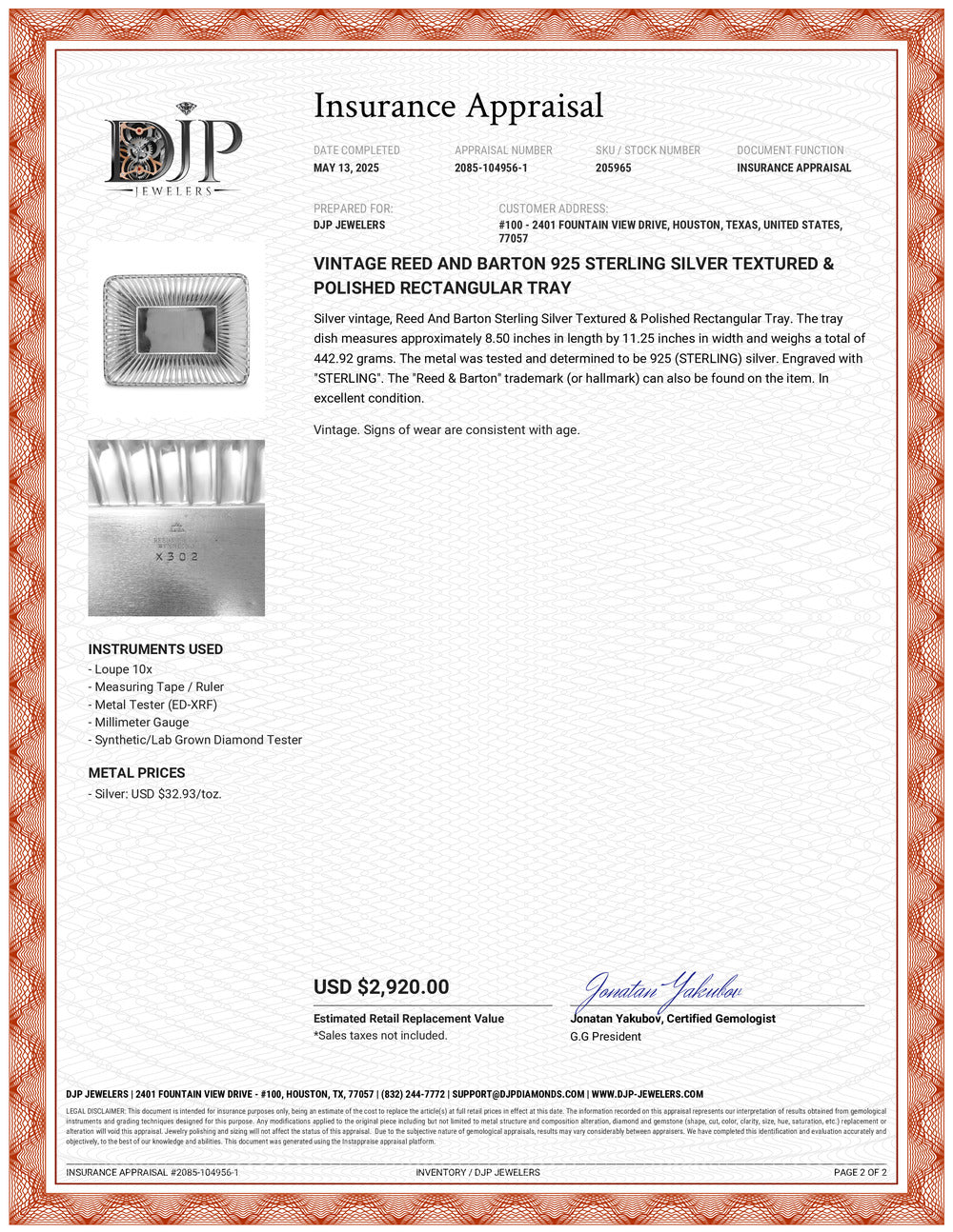 Vintage Reed and Barton 925 Sterling Silver Textured & Polished Rectangular Tray