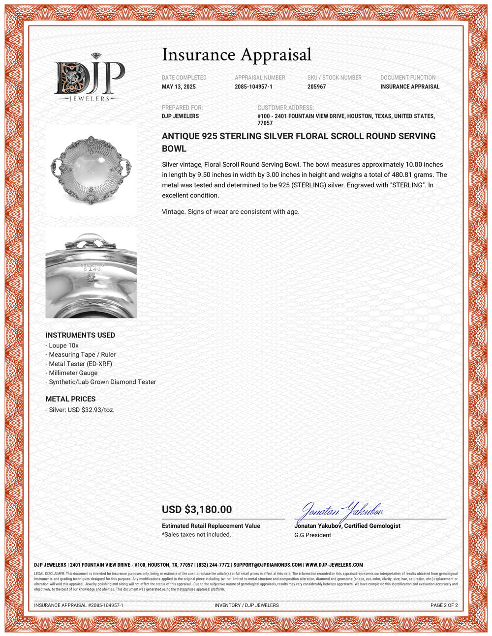 Antique 925 Sterling Silver Floral Scroll Round Serving Bowl