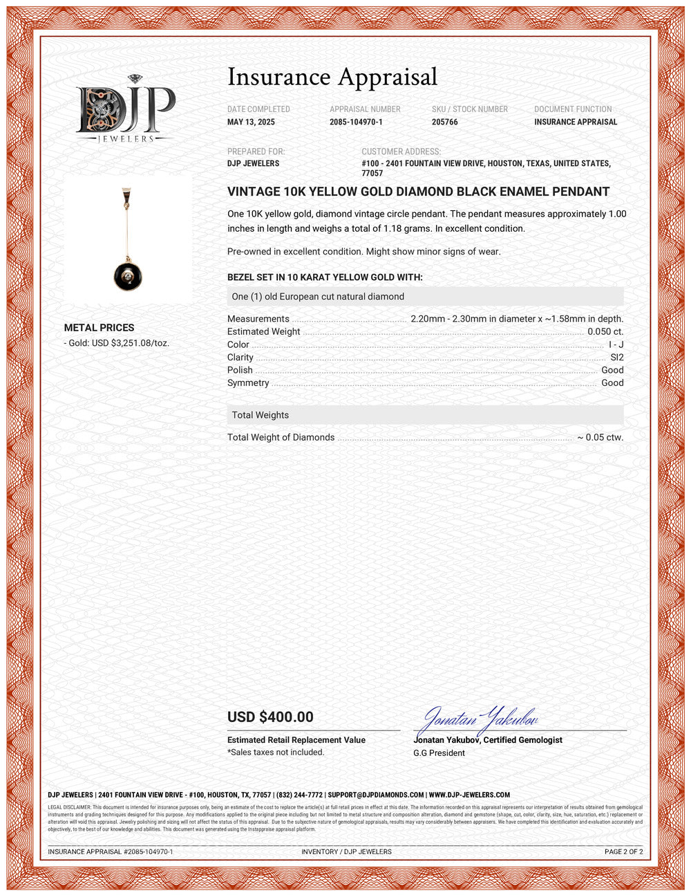 Vintage 10K Yellow Gold Diamond Black Enamel Pendant