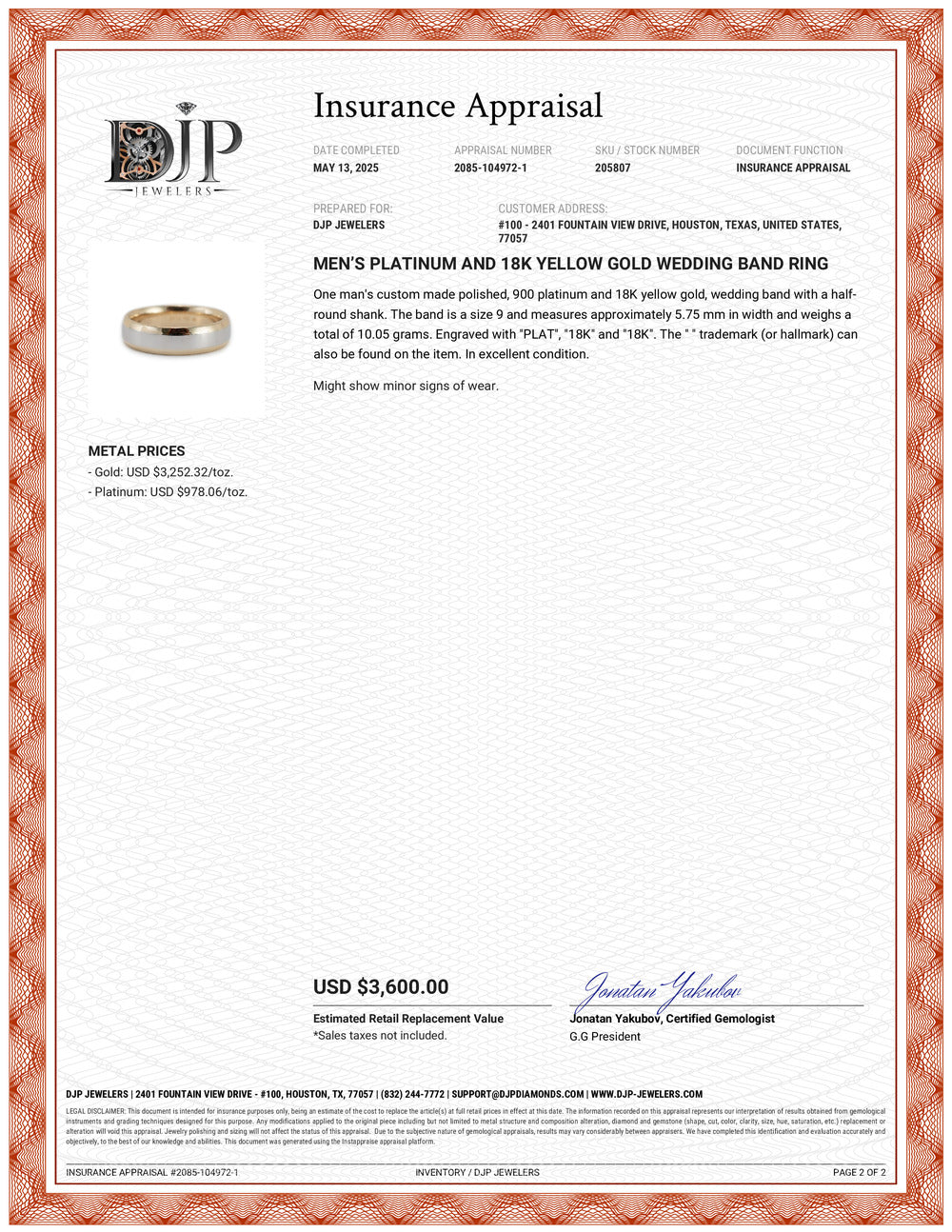 Men’s Platinum and 18K Yellow Gold Wedding Band Ring