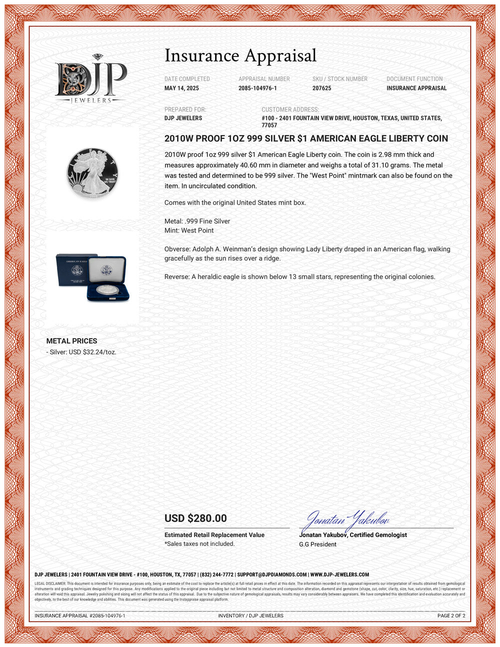 2010W Proof 1OZ 999 Silver $1 American Eagle Liberty Coin