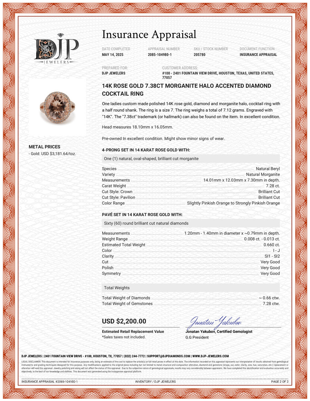 14K Rose Gold 7.38ct Morganite Halo Accented Diamond Cocktail Ring