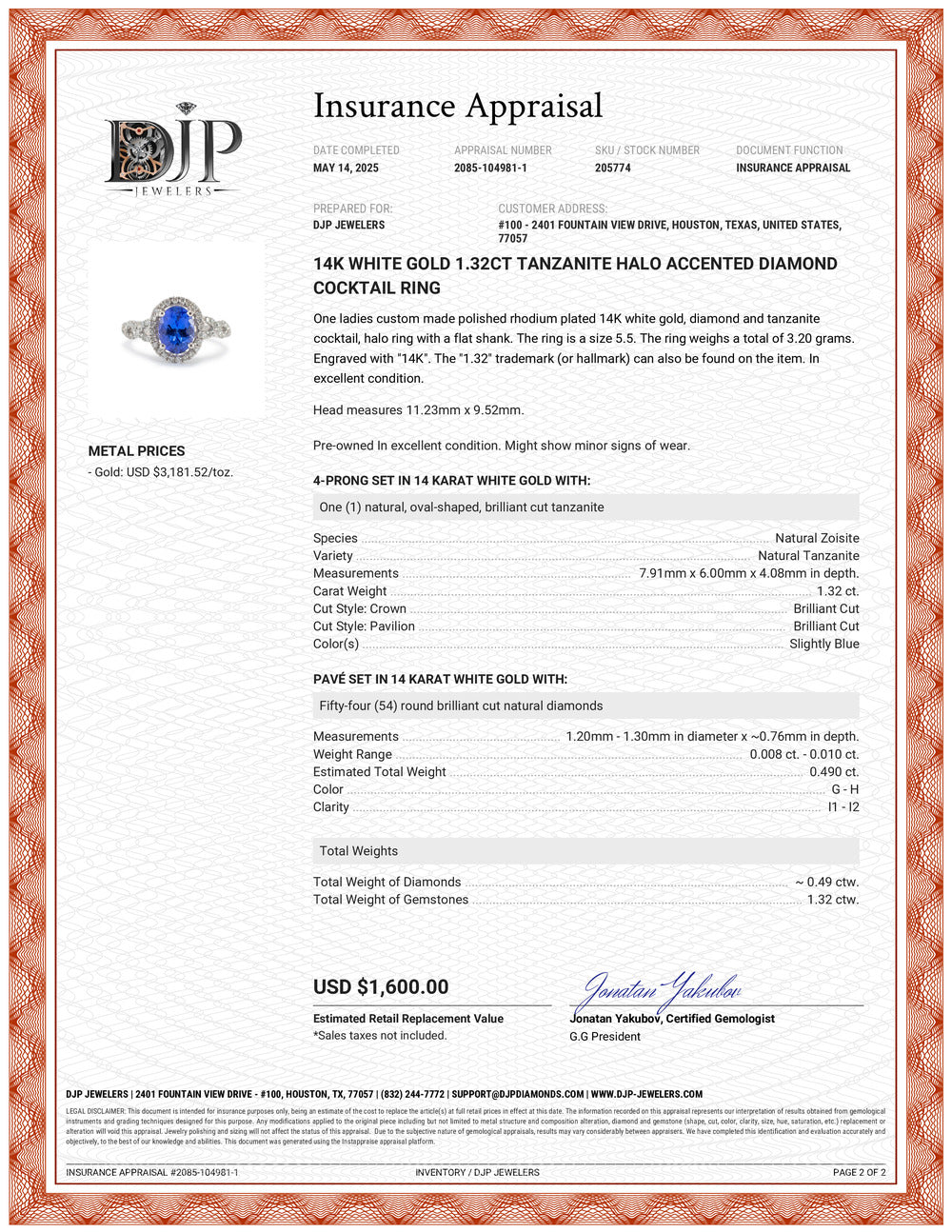 14K White Gold 1.32ct Tanzanite Halo Accented Diamond Cocktail Ring