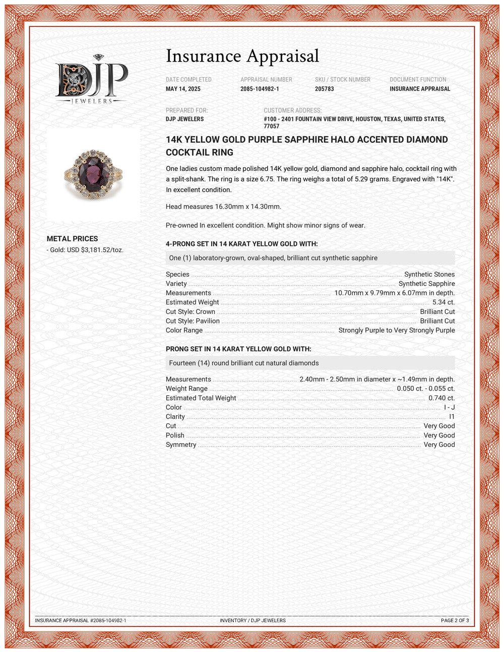 14K Yellow Gold Purple Lab Grown Sapphire Halo Accented Diamond Cocktail Ring