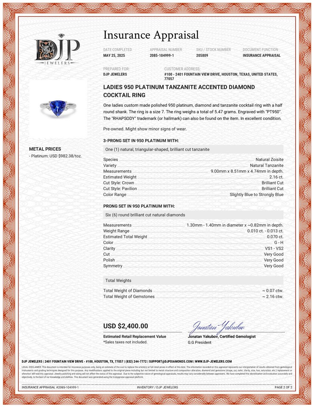 Ladies 950 Platinum Tanzanite Accented Diamond Cocktail Ring