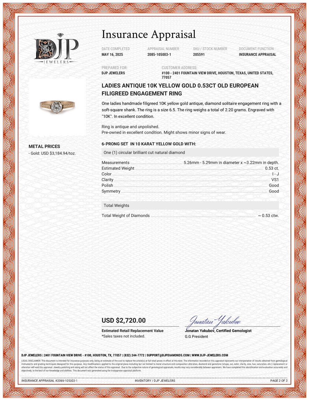 Ladies Antique 10K Yellow Gold 0.53ct Old European Filigreed Engagement Ring