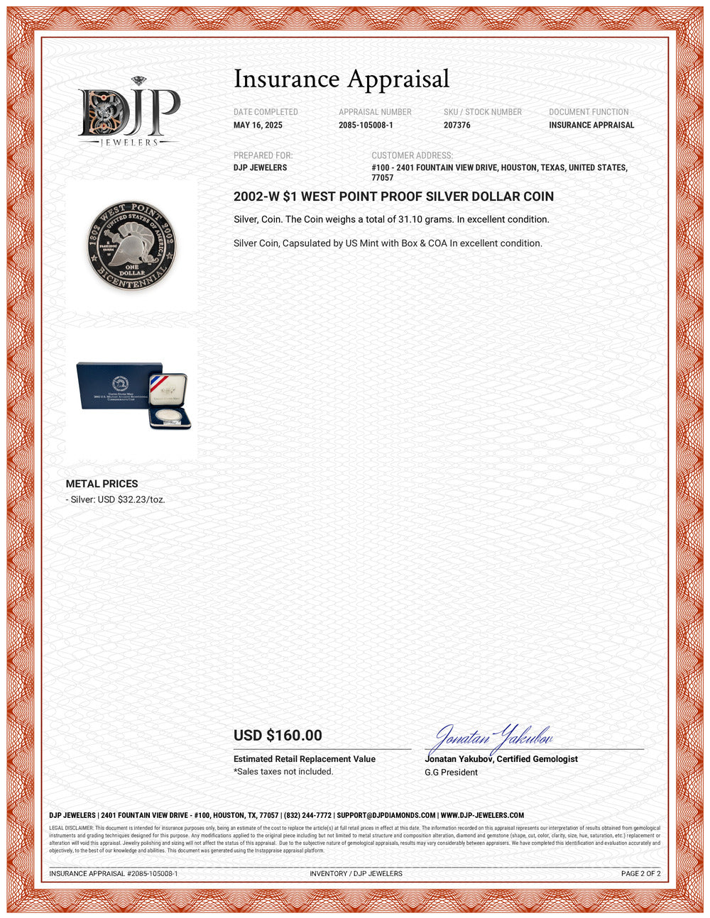 2002-W $1 West Point Proof Silver Dollar Coin