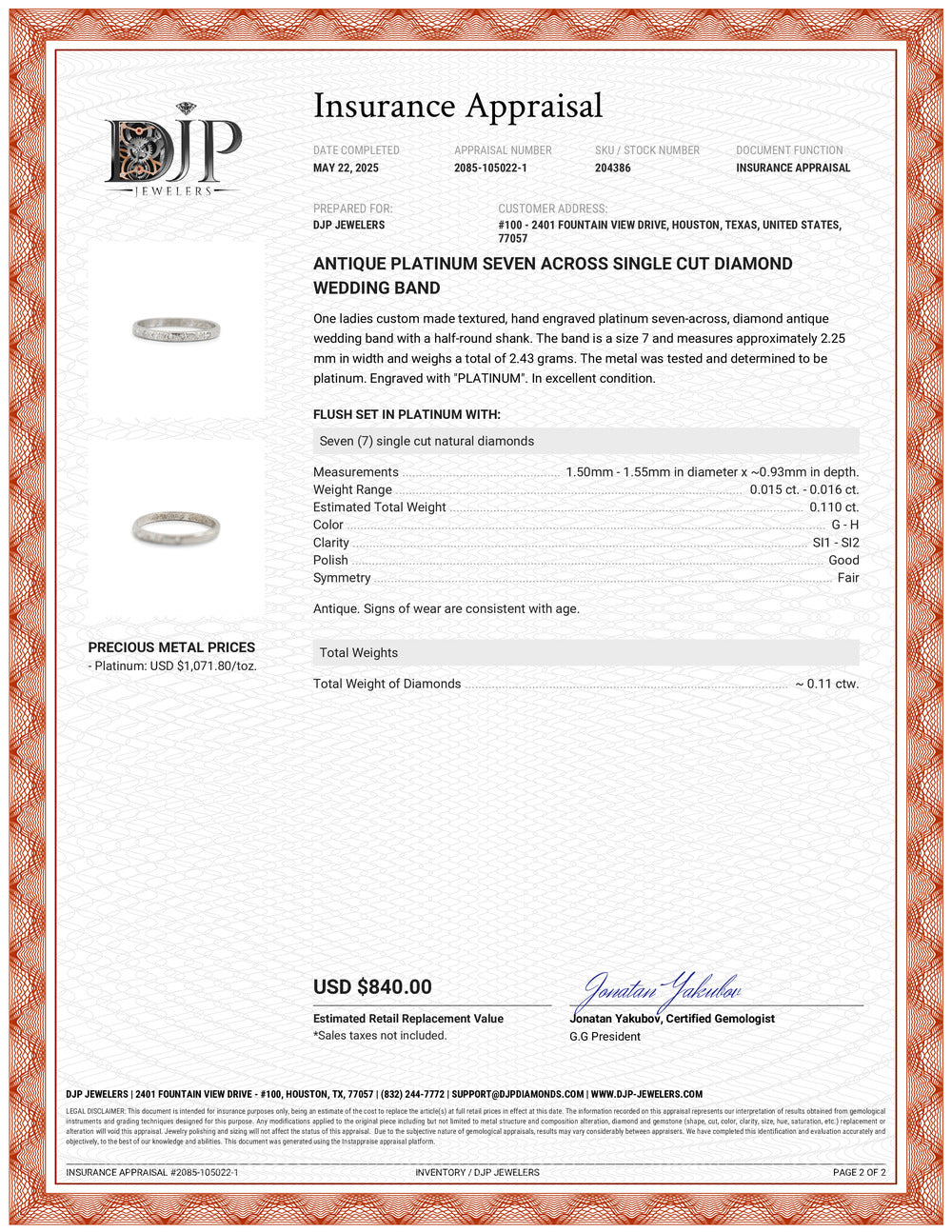 Antique Platinum Seven Across Single Cut Diamond Wedding Band