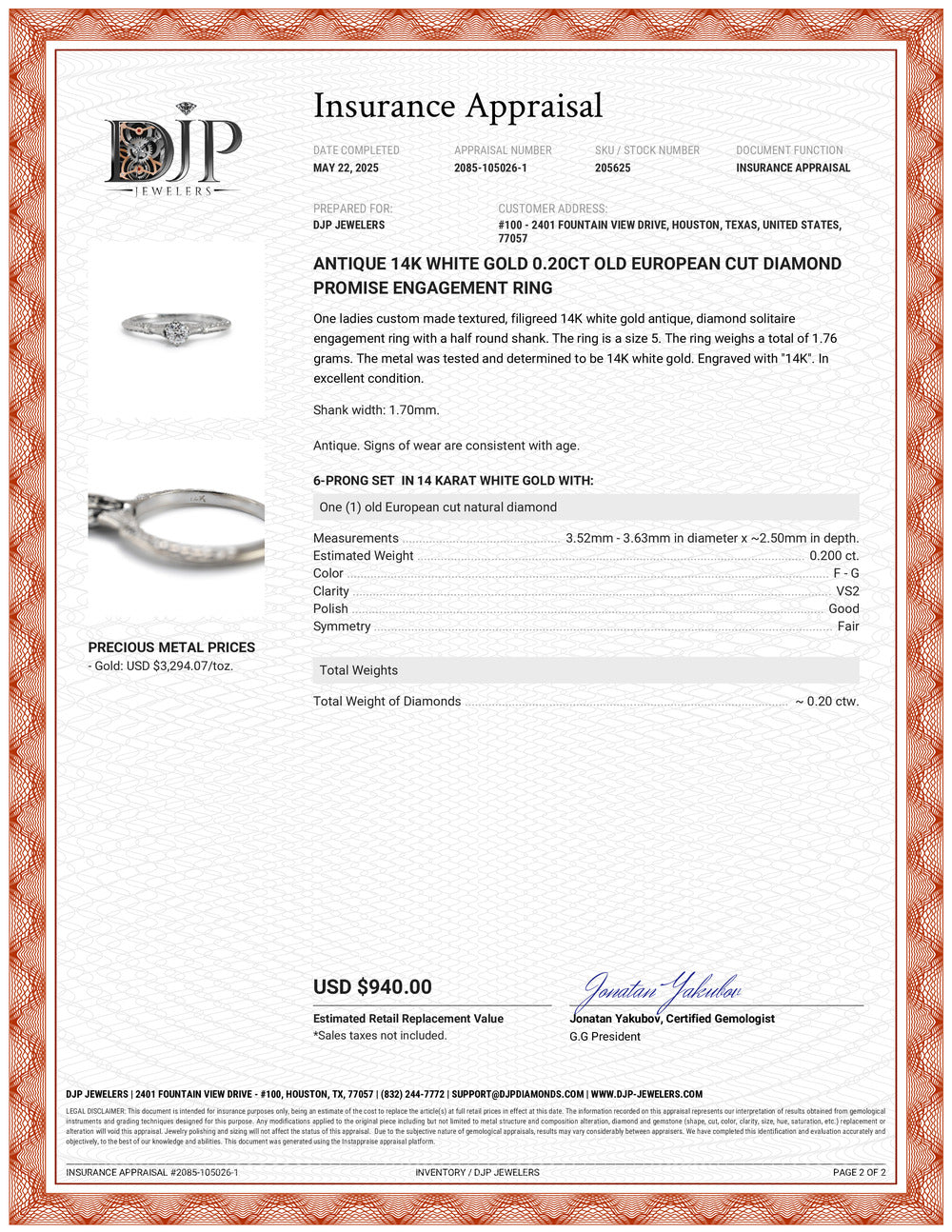 Antique 14K White Gold 0.20ct Old European Cut Diamond Promise Engagement Ring