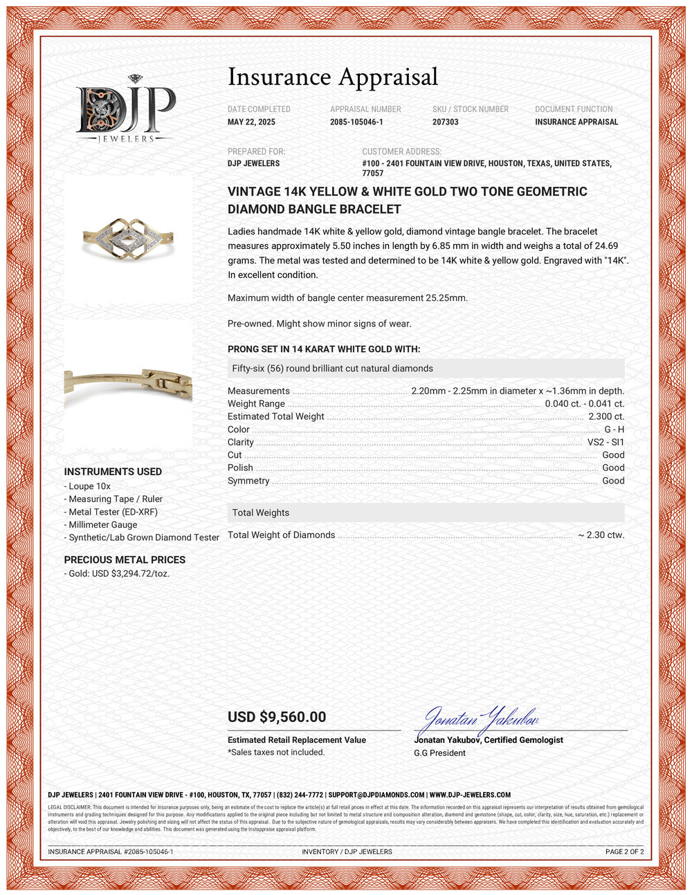 Vintage 14K Yellow & White Gold Two Tone Geometric Diamond Bangle Bracelet