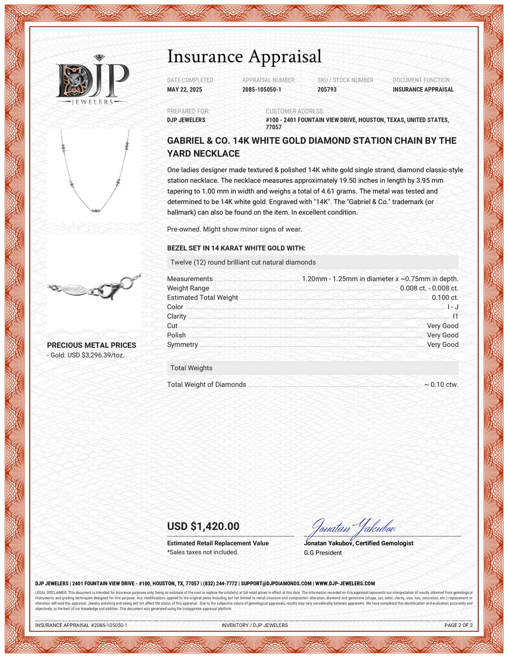 Gabriel & Co. 14K White Gold Diamond Station Chain by the Yard Necklace