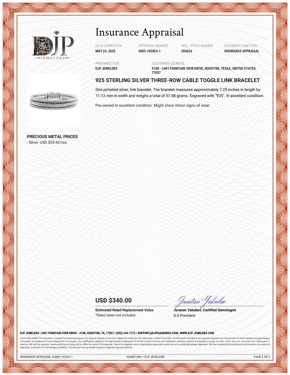 925 Sterling Silver Three-Row Cable Toggle Link Bracelet