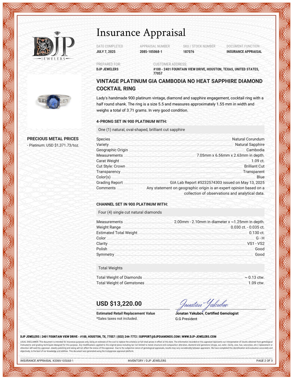 Vintage Platinum GIA Cambodia No Heat Sapphire Diamond Cocktail Ring