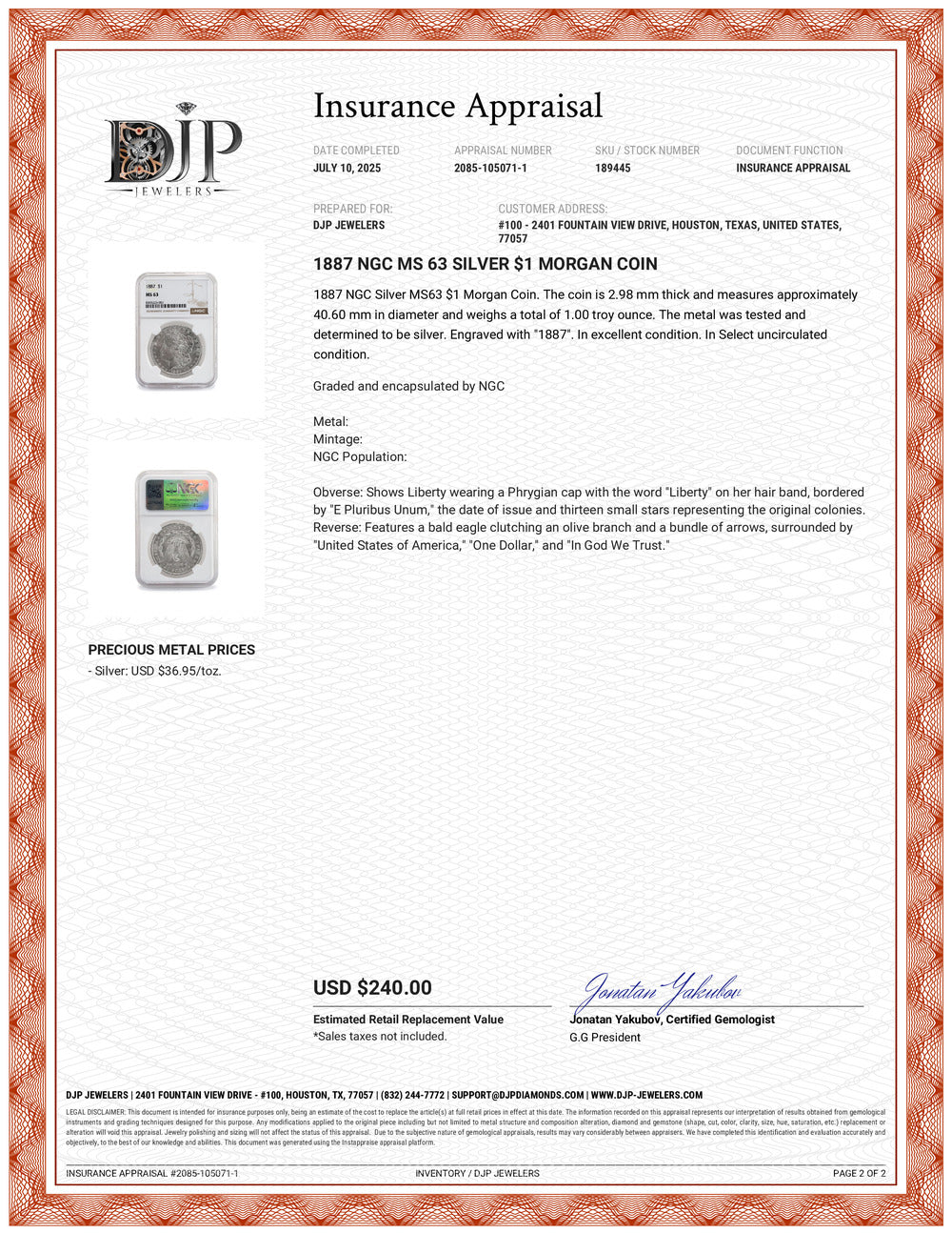 1887 NGC MS 63 Silver $1 Morgan Coin