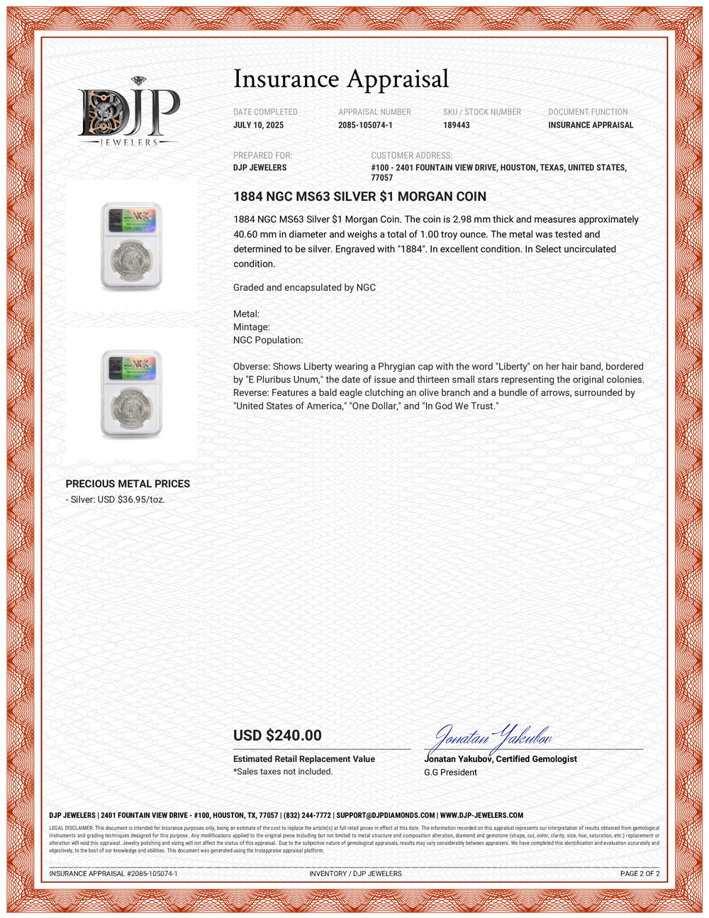 1884 NGC MS63 Silver $1 Morgan Coin
