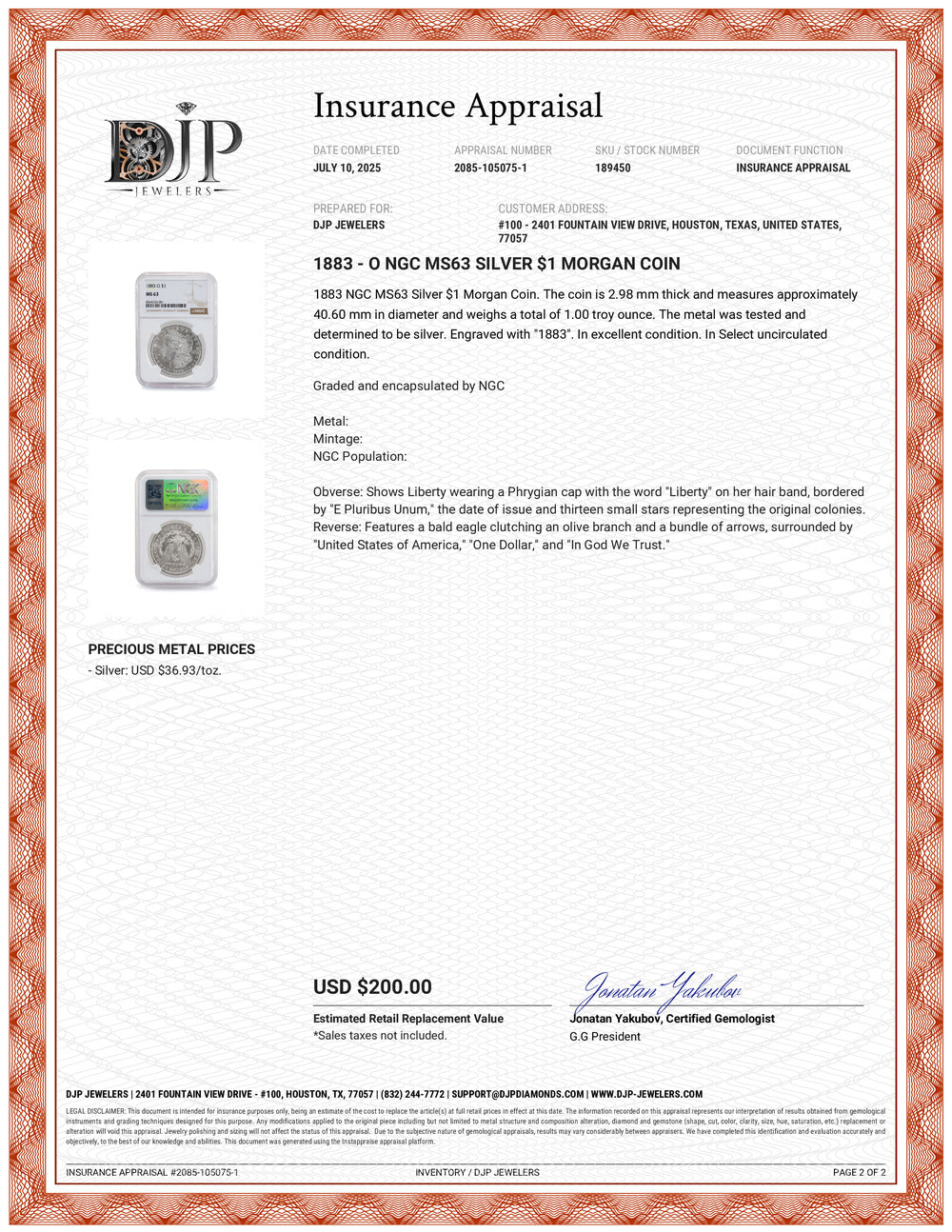 1883 - O NGC MS63 Silver $1 Morgan Coin