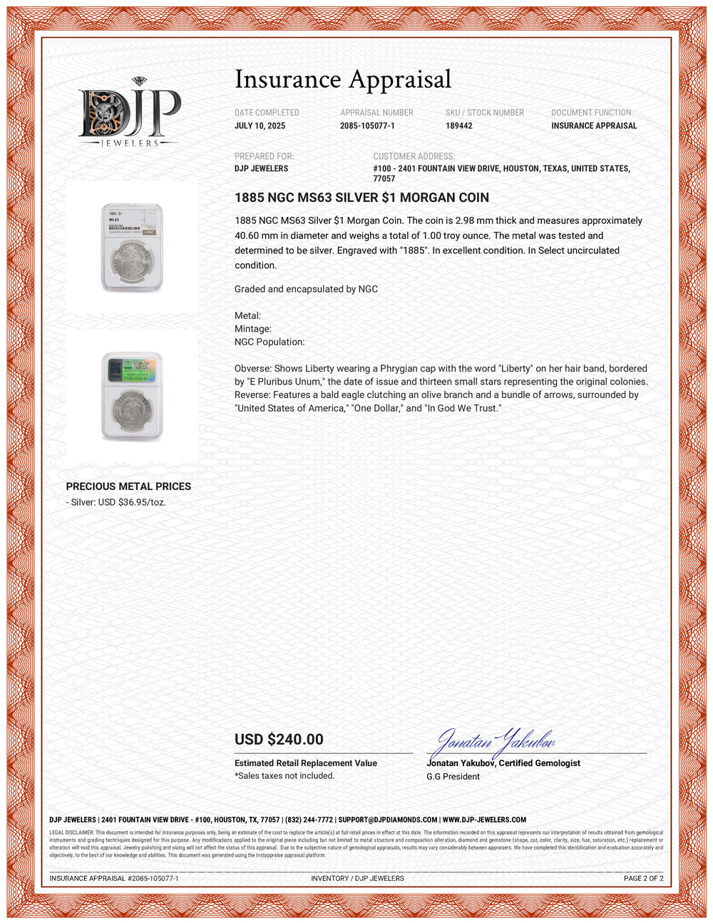 1885 NGC MS63 Silver $1 Morgan Coin