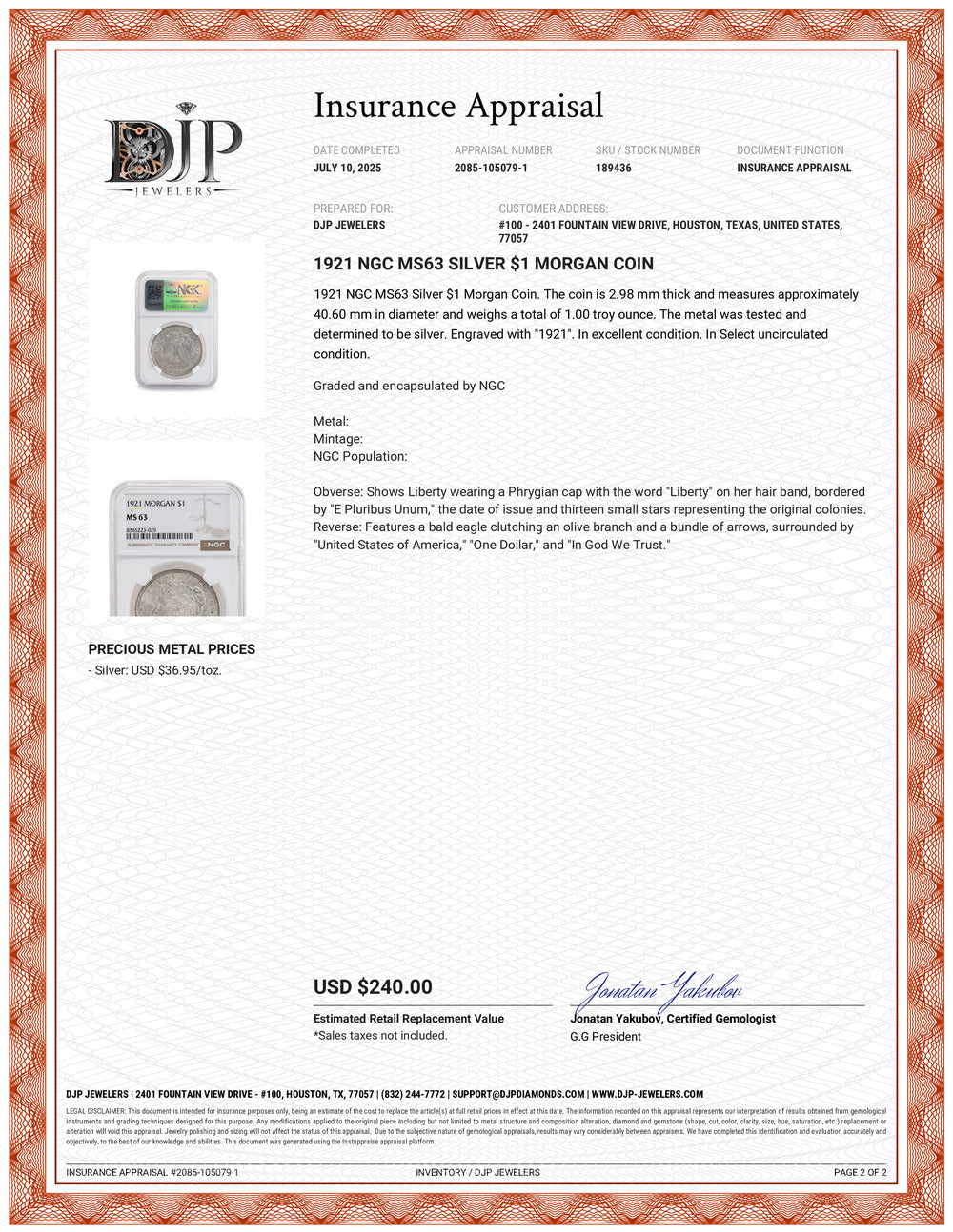 1921 NGC MS63 Silver $1 Morgan Coin