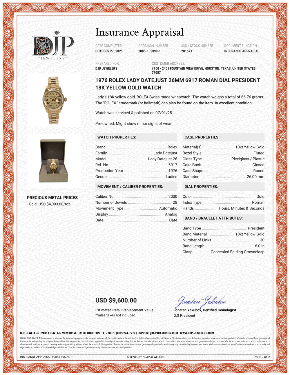 1976 Rolex Lady Datejust 26MM 6917 Roman Dial President 18K Yellow Gold Watch