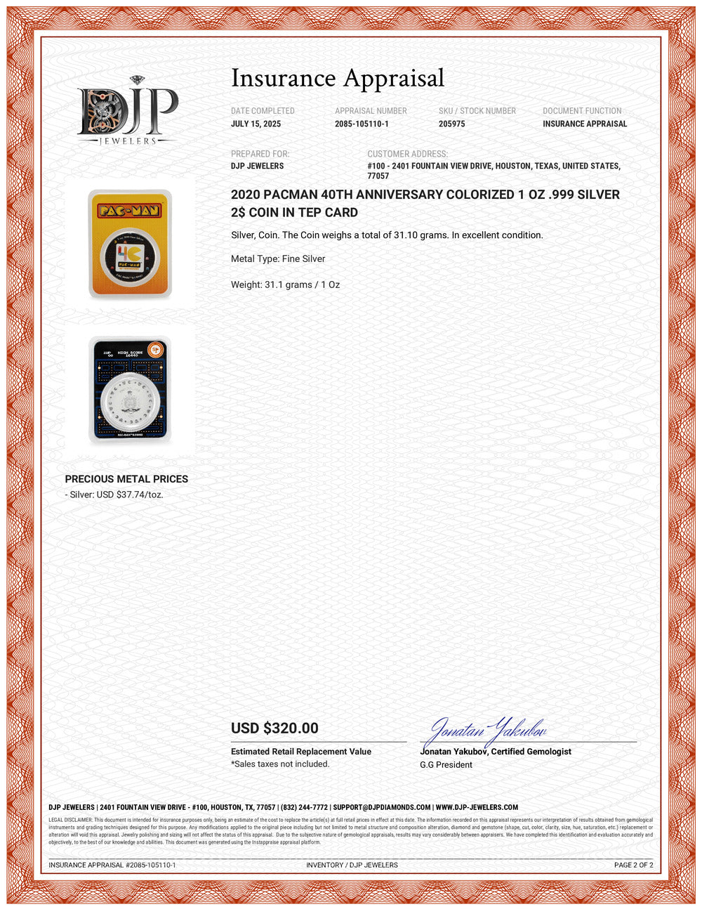 2020 Pacman 40th Anniversary Colorized 1 Oz .999 Silver 2$ Coin in Tep Card