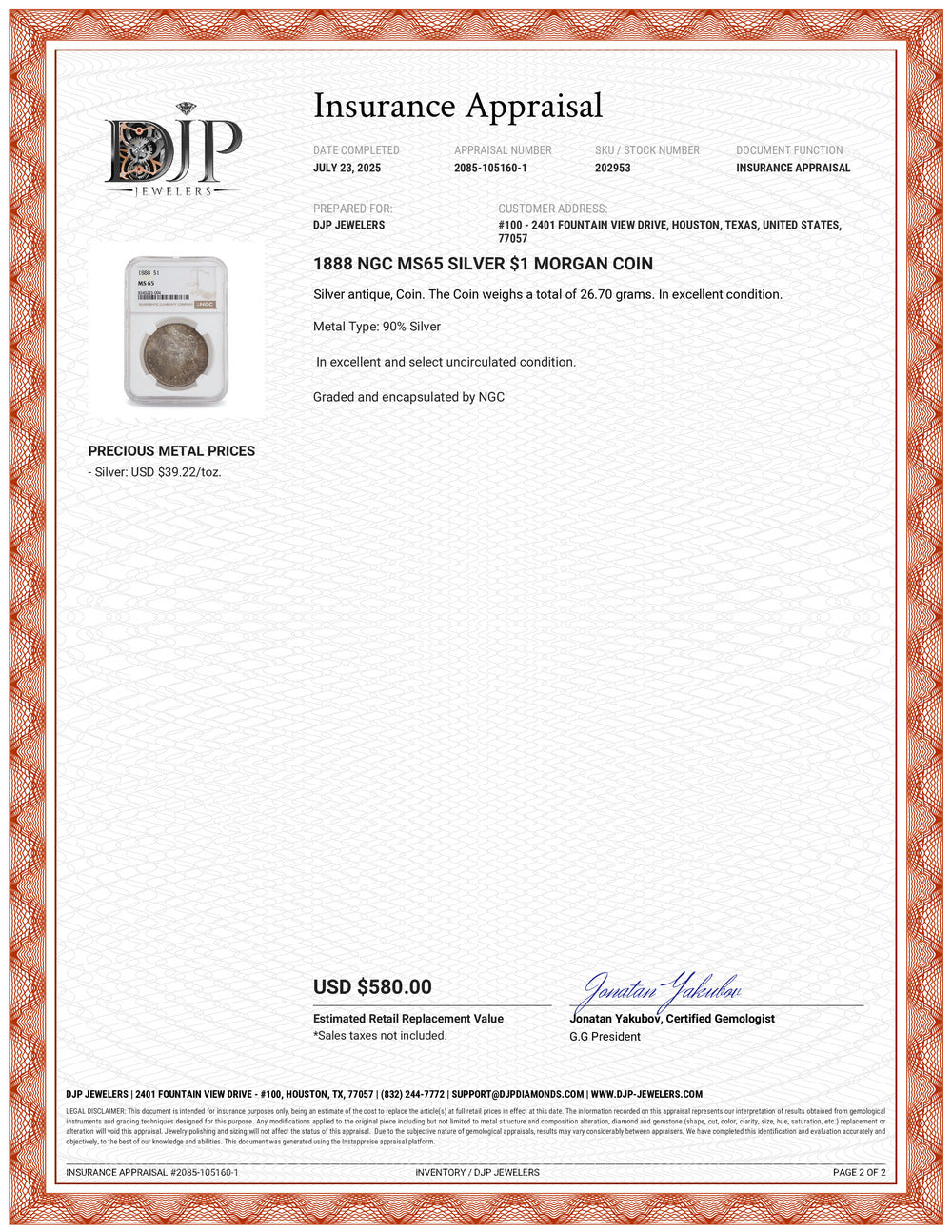 1888 NGC MS65 Silver $1 Morgan Coin