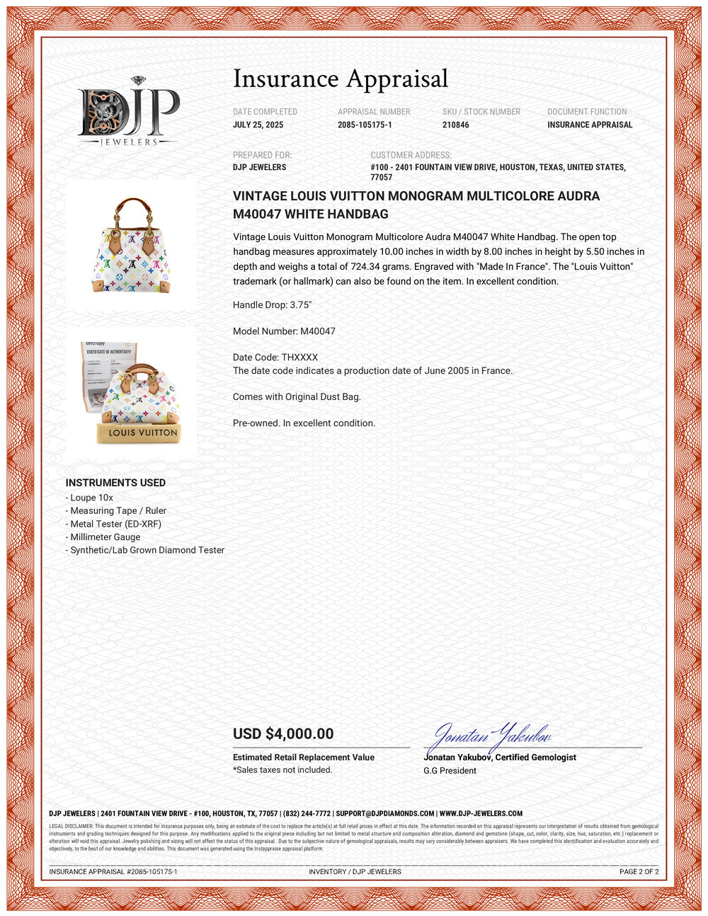 Vintage Louis Vuitton Monogram Multicolor Audra M40047 White Handbag