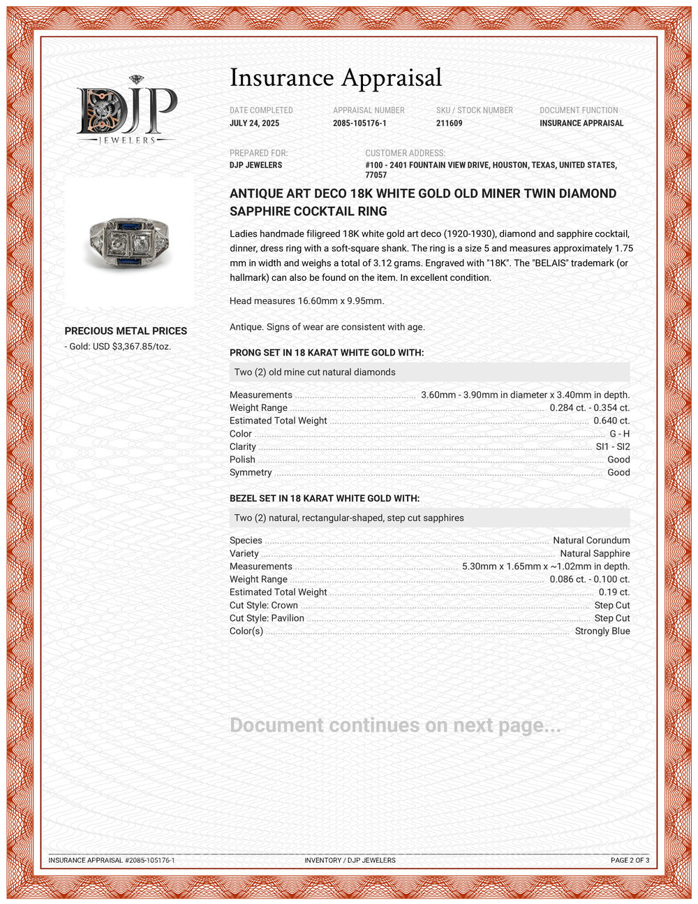Antique Art Deco 18K White Gold Old Miner Twin Diamond Sapphire Cocktail Ring