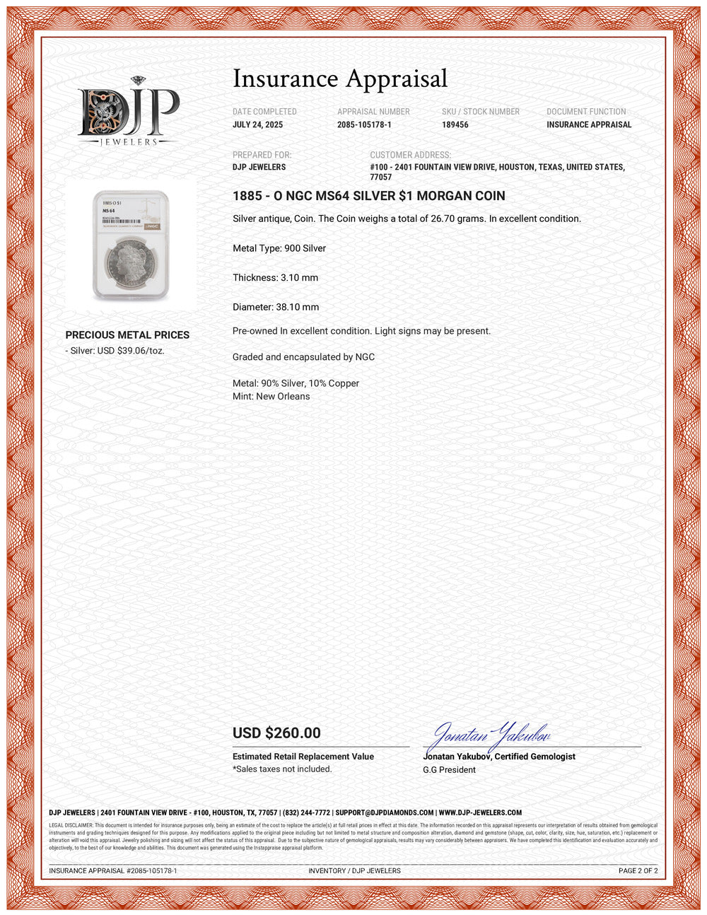 1885 - O NGC MS64 Silver $1 Morgan Coin