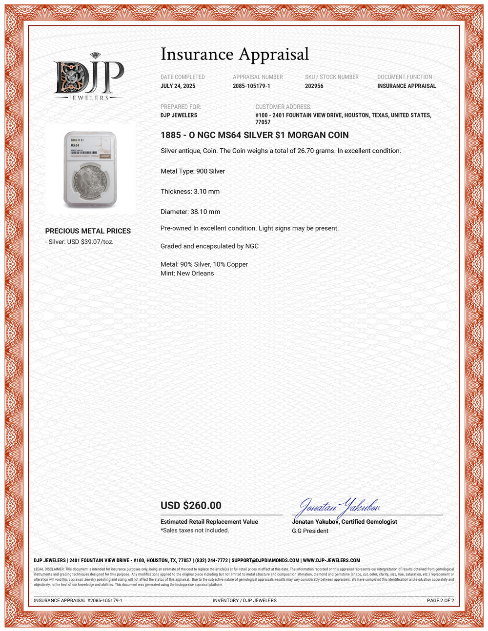 1885 - O NGC MS64 Silver $1 Morgan Coin