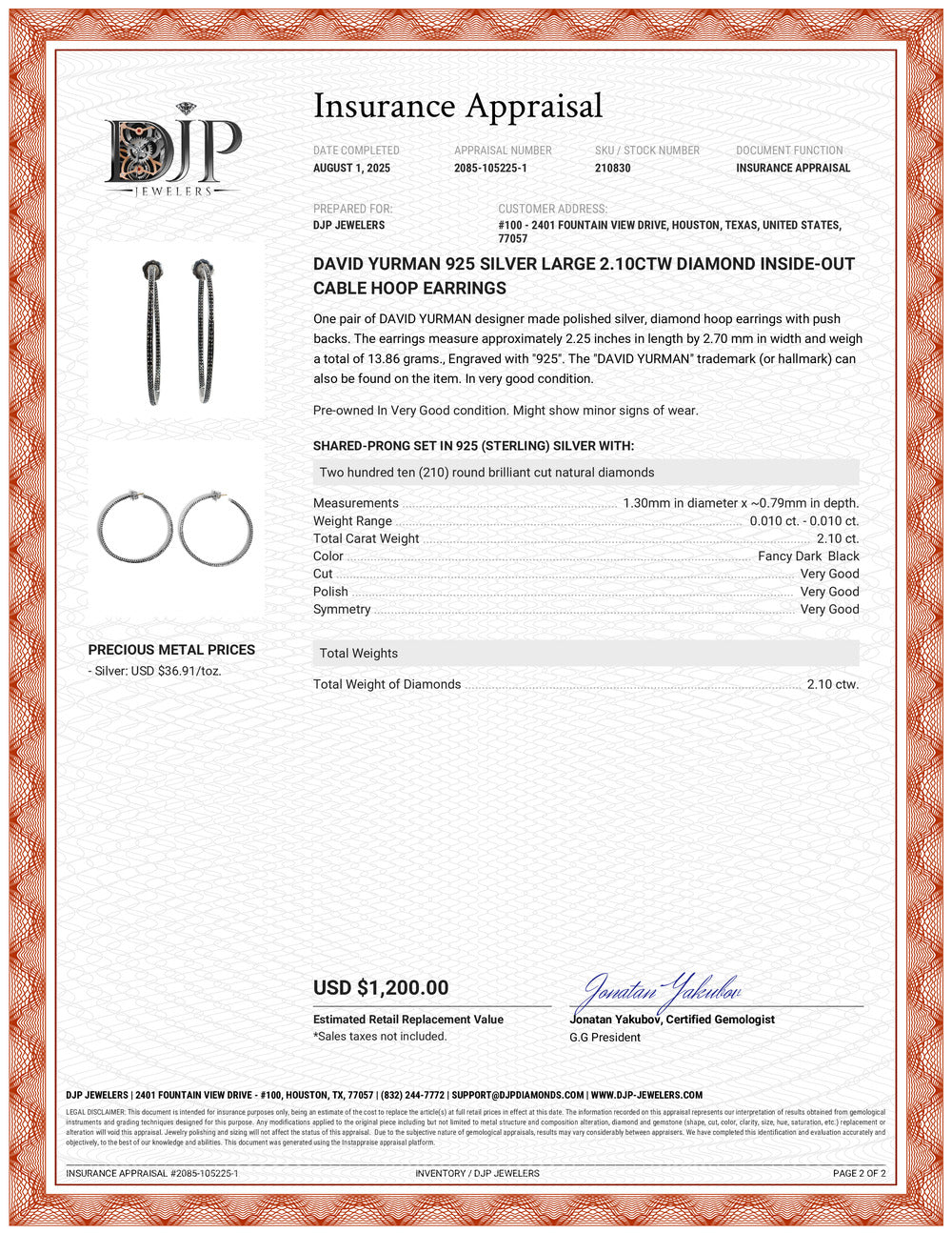 David Yurman 925 Silver Large 2.10ctw Diamond Inside-Out Cable Hoop Earrings