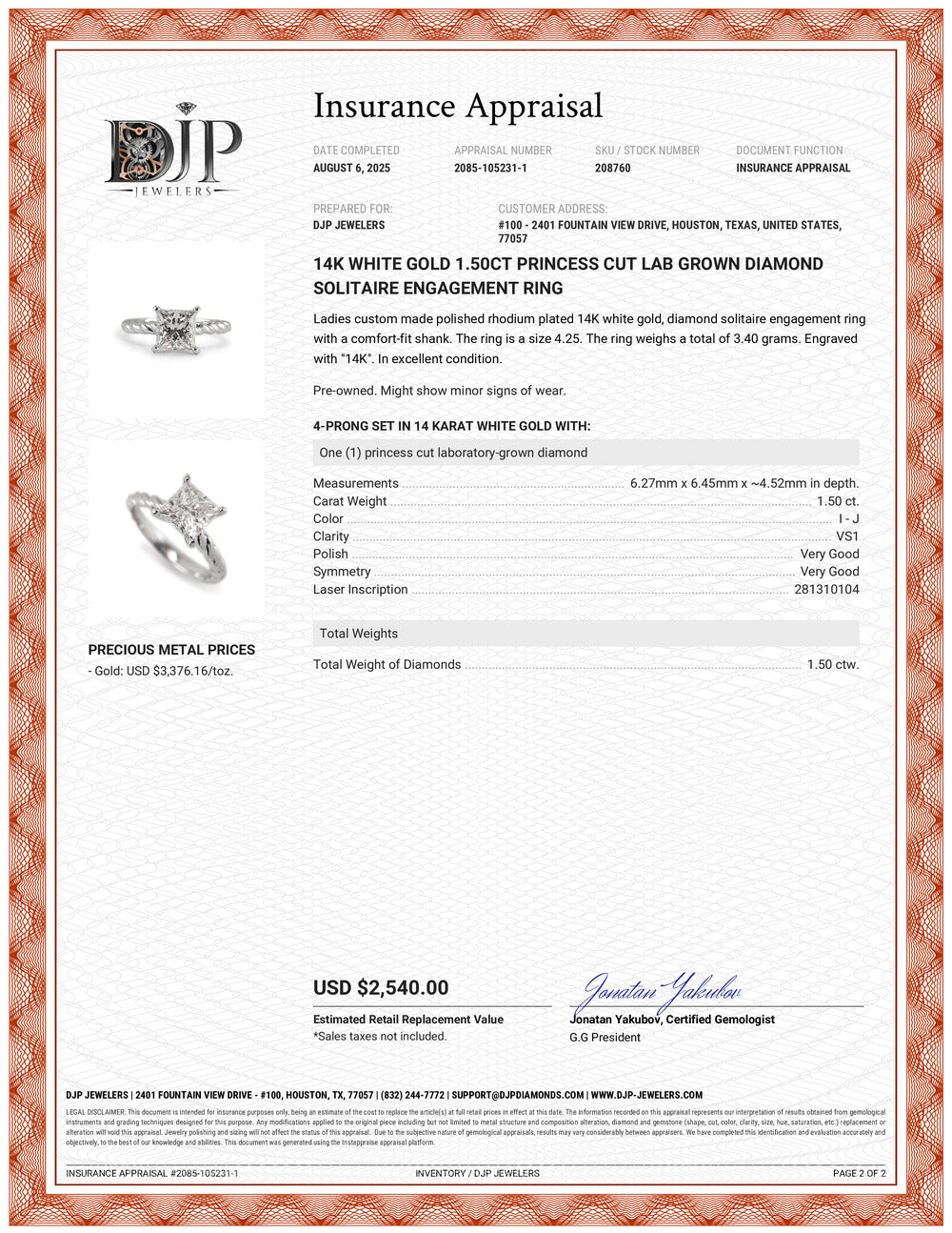 14K White Gold 1.50ct Princess Cut Lab Grown Diamond Solitaire Engagement Ring