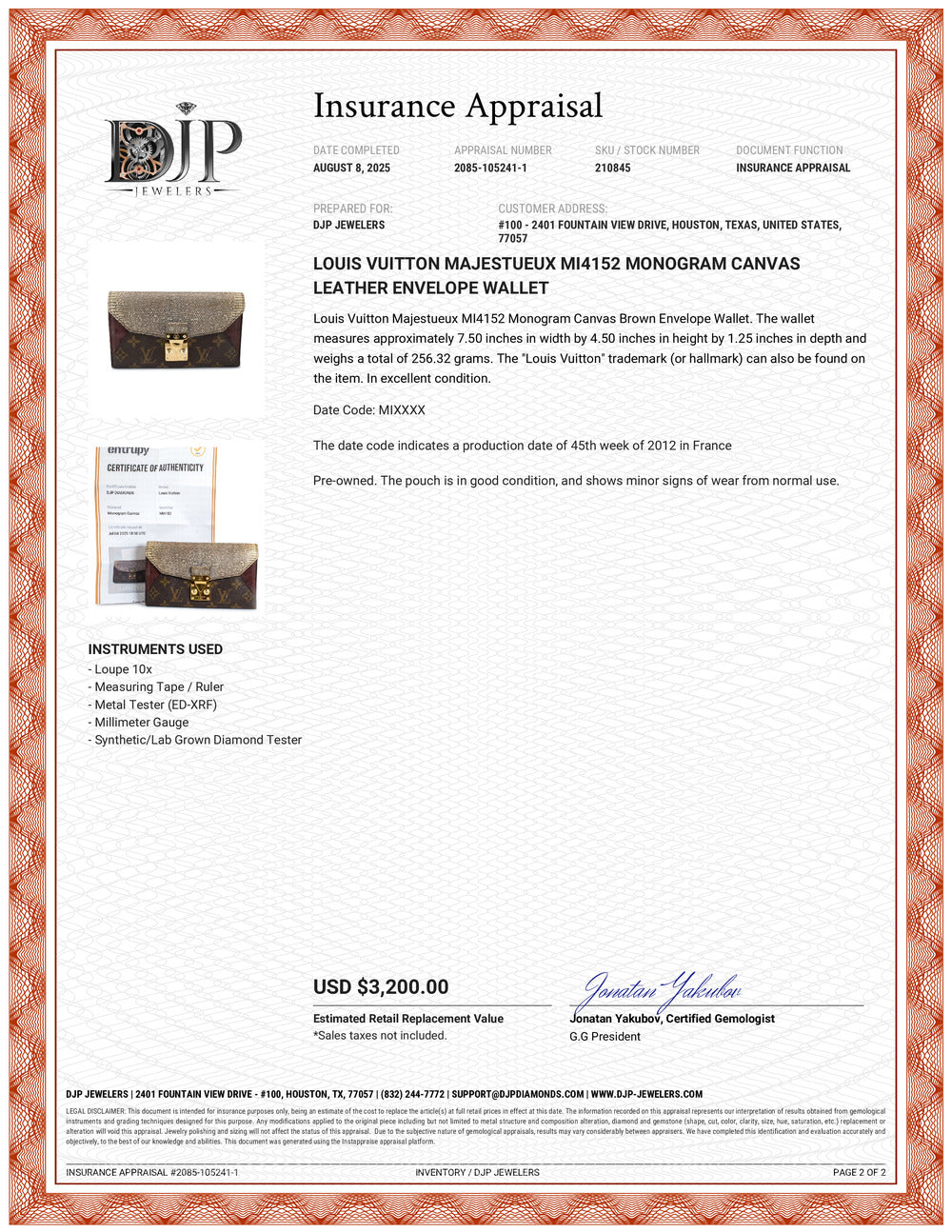 Louis Vuitton Majestueux MI4152 Monogram Canvas Leather Envelope Wallet