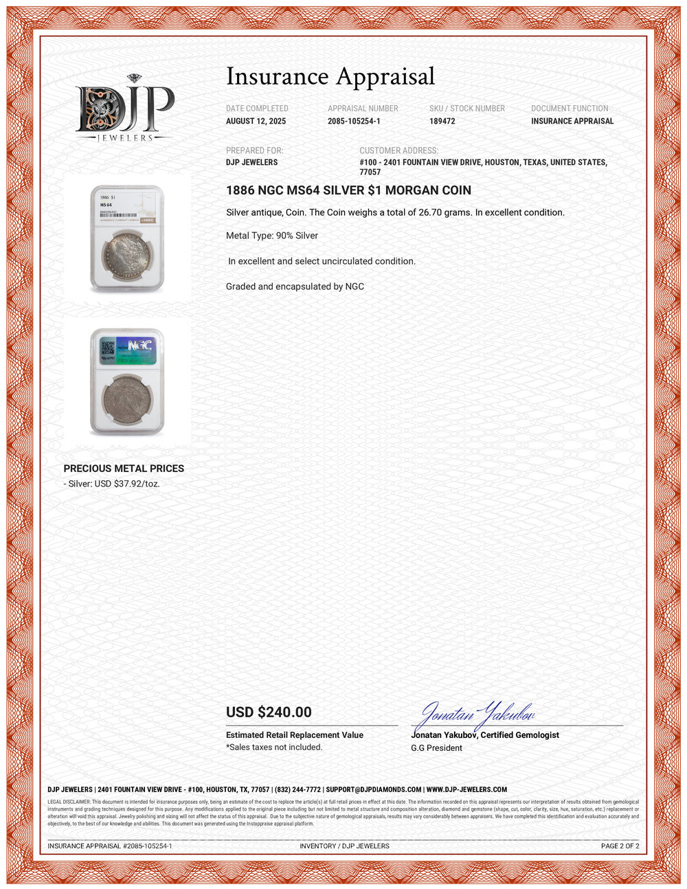 1886 NGC MS64 Silver $1 Morgan Coin
