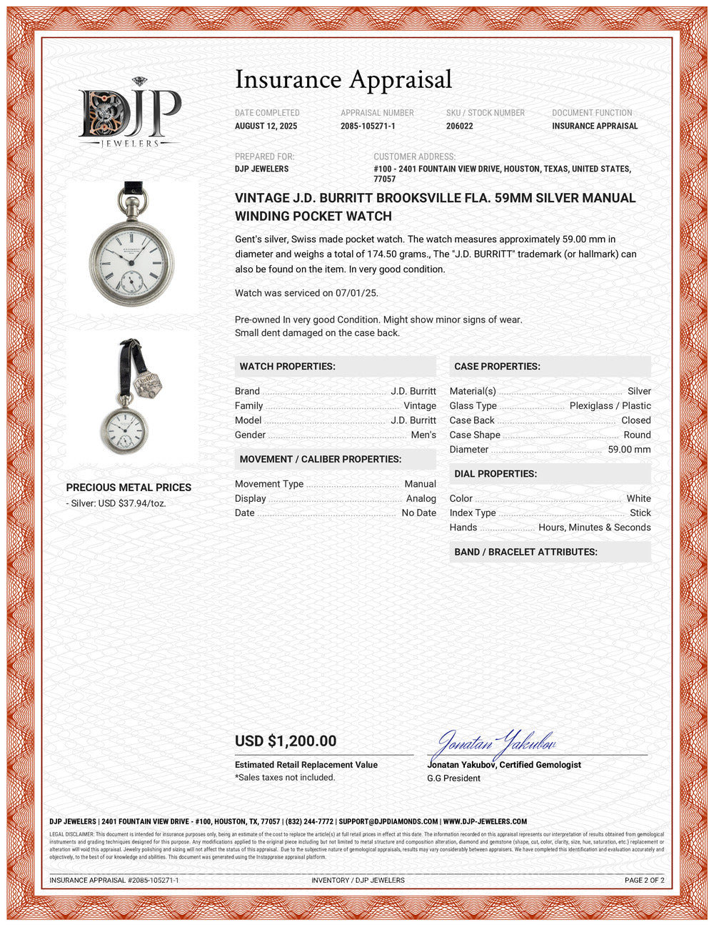 Vintage J.D. Burritt Brooksville Fla. 59MM Silver Manual Winding Pocket Watch