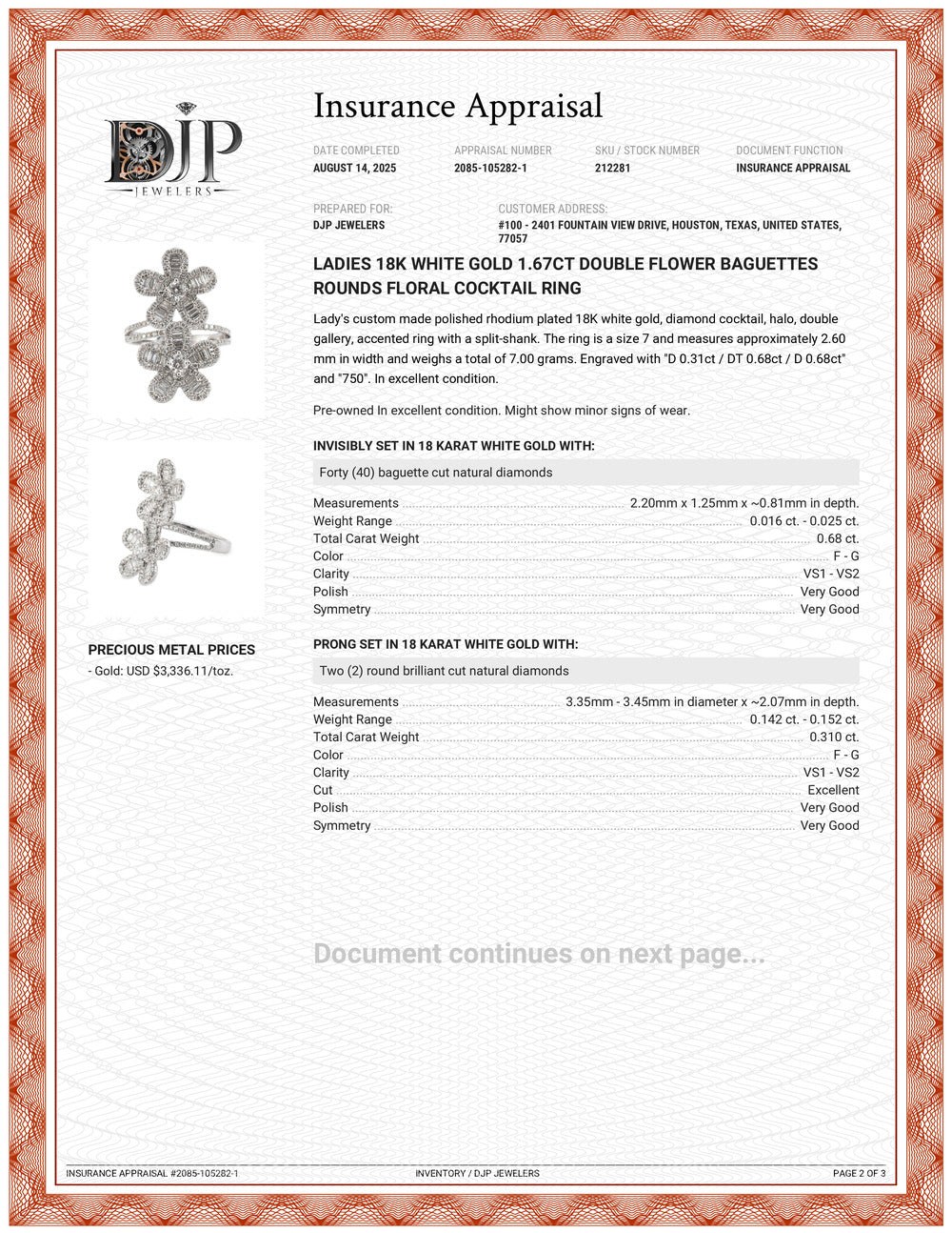 Ladies 18K White Gold 1.67ct Double Flower Baguettes Rounds Floral Cocktail Ring