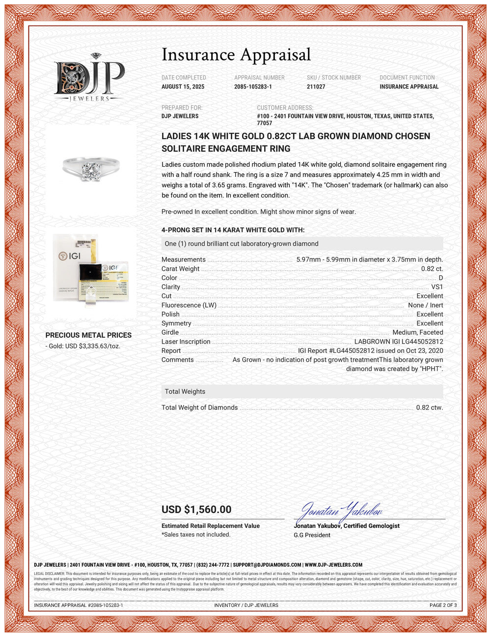 Ladies 14K White Gold 0.82ct Lab Grown Diamond Chosen Solitaire Engagement Ring