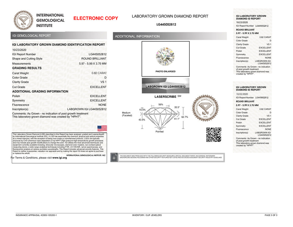 Ladies 14K White Gold 0.82ct Lab Grown Diamond Chosen Solitaire Engagement Ring