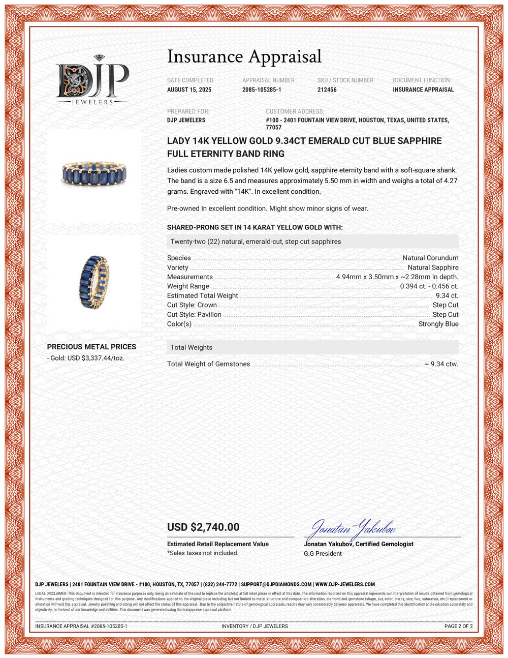 Lady 14K Yellow Gold 9.34ct Emerald Cut Blue Sapphire Full Eternity Band Ring