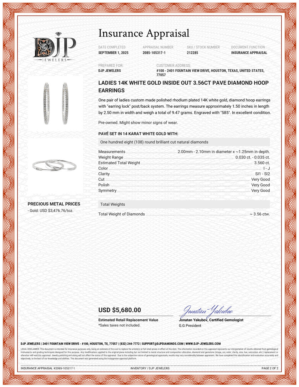 Ladies 14K White Gold Inside Out 3.56ct Pave Diamond Hoop Earrings