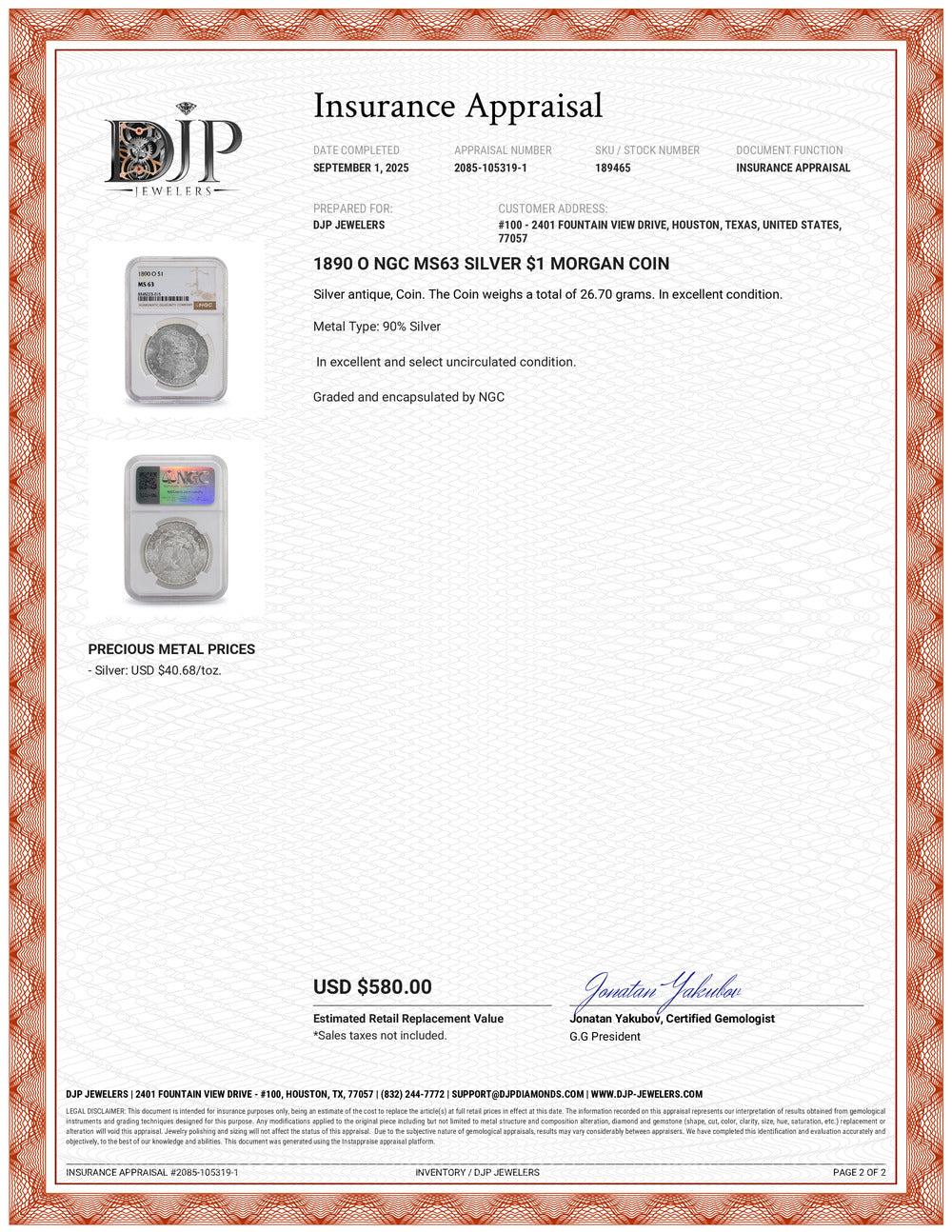 1890 O NGC MS63 Silver $1 Morgan Coin
